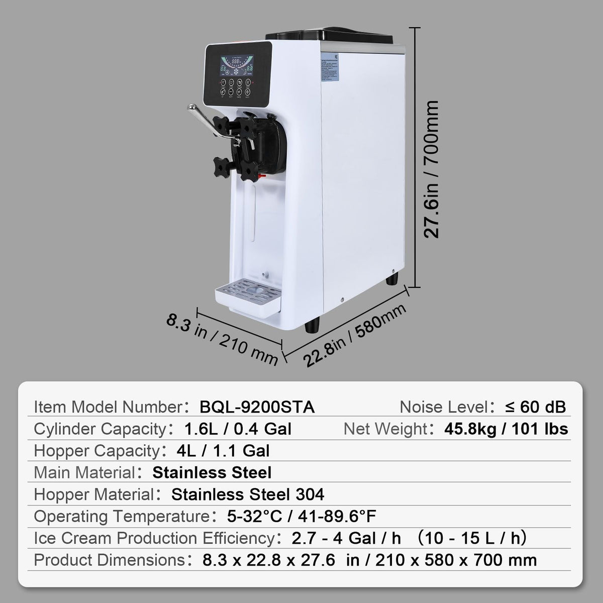 Commercial Ice Cream Machine, 10.6 QT/H Yield, 1000W Single Flavor Countertop Soft Serve Ice Cream Maker, with 4L Hopper 1.6L Cylinder, LCD Panel Auto Clean Pre-cooling, for Restaurant Snack Bar