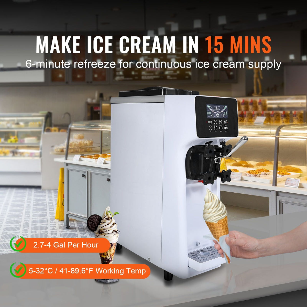 Commercial Ice Cream Machine, 10.6 QT/H Yield, 1000W Single Flavor Countertop Soft Serve Ice Cream Maker, with 4L Hopper 1.6L Cylinder, LCD Panel Auto Clean Pre-cooling, for Restaurant Snack Bar