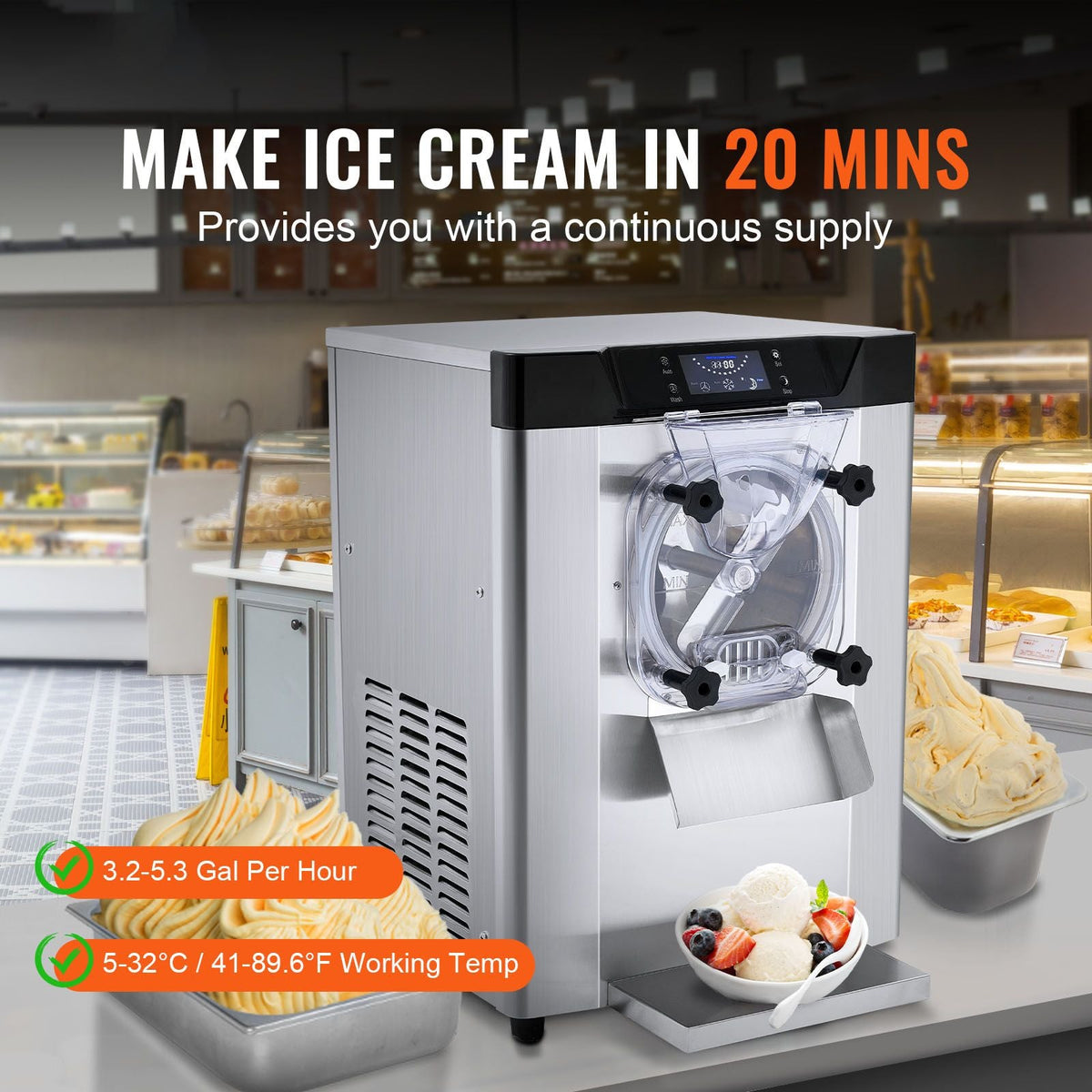 Commercial Ice Cream Machine, 12 L/H Yield, 1713W Single Flavor Countertop Hard Serve Ice Cream Maker, 4.5L Stainless Steel Cylinder, LED Panel Auto Clean Pre-cooling, for Restaurant Snack Bars