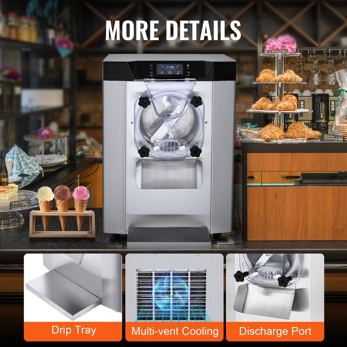 Commercial Ice Cream Machine, 12 L/H Yield, 1713W Single Flavor Countertop Hard Serve Ice Cream Maker, 4.5L Stainless Steel Cylinder, LED Panel Auto Clean Pre-cooling, for Restaurant Snack Bars