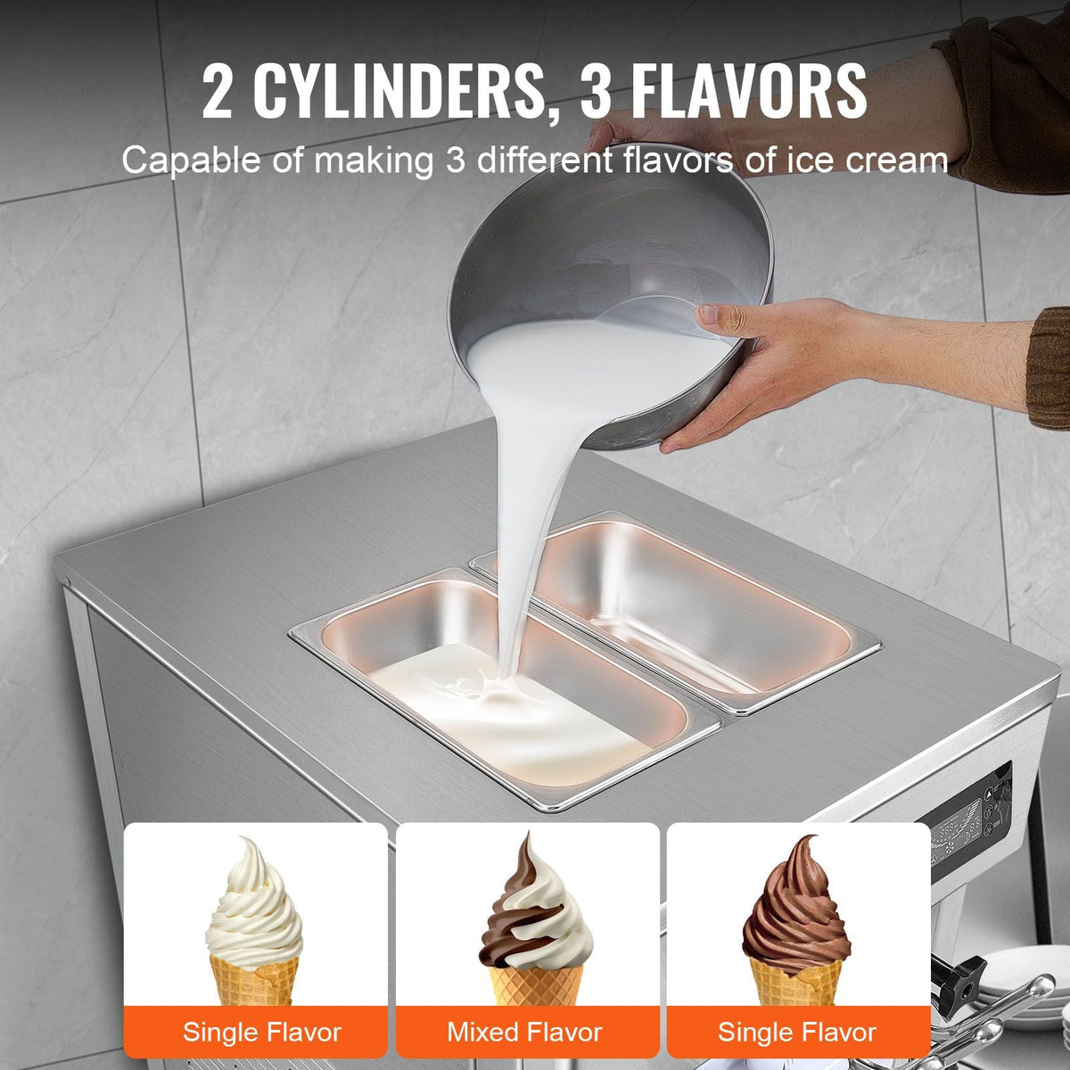 Commercial Ice Cream Machine, 18-28 L/H Yield, 1850W 3-Flavor Countertop Soft Serve Ice Cream Maker, 2 x 5.5L Stainless Steel Cylinder, LED Panel Auto Clean Pre-cooling, for Restaurant Bars