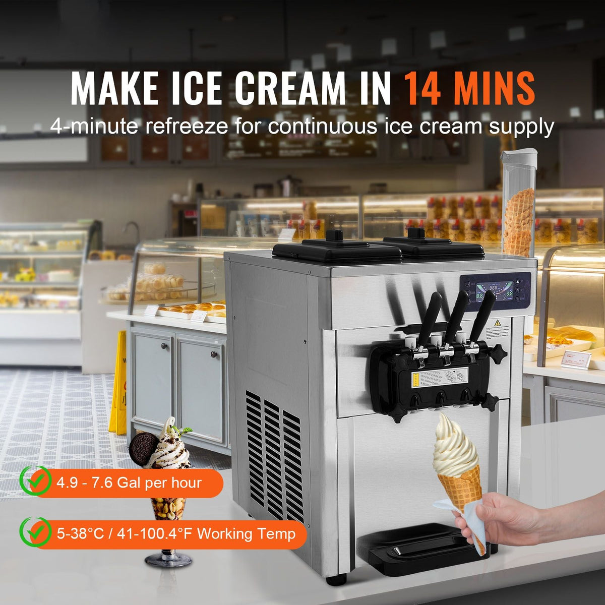 Commercial Ice Cream Machine, 18-28 L/H Yield, 1850W 3-Flavor Countertop Soft Serve Ice Cream Maker, 2 x 5.5L Stainless Steel Cylinder, LED Panel Auto Clean Pre-cooling, for Restaurant Bars