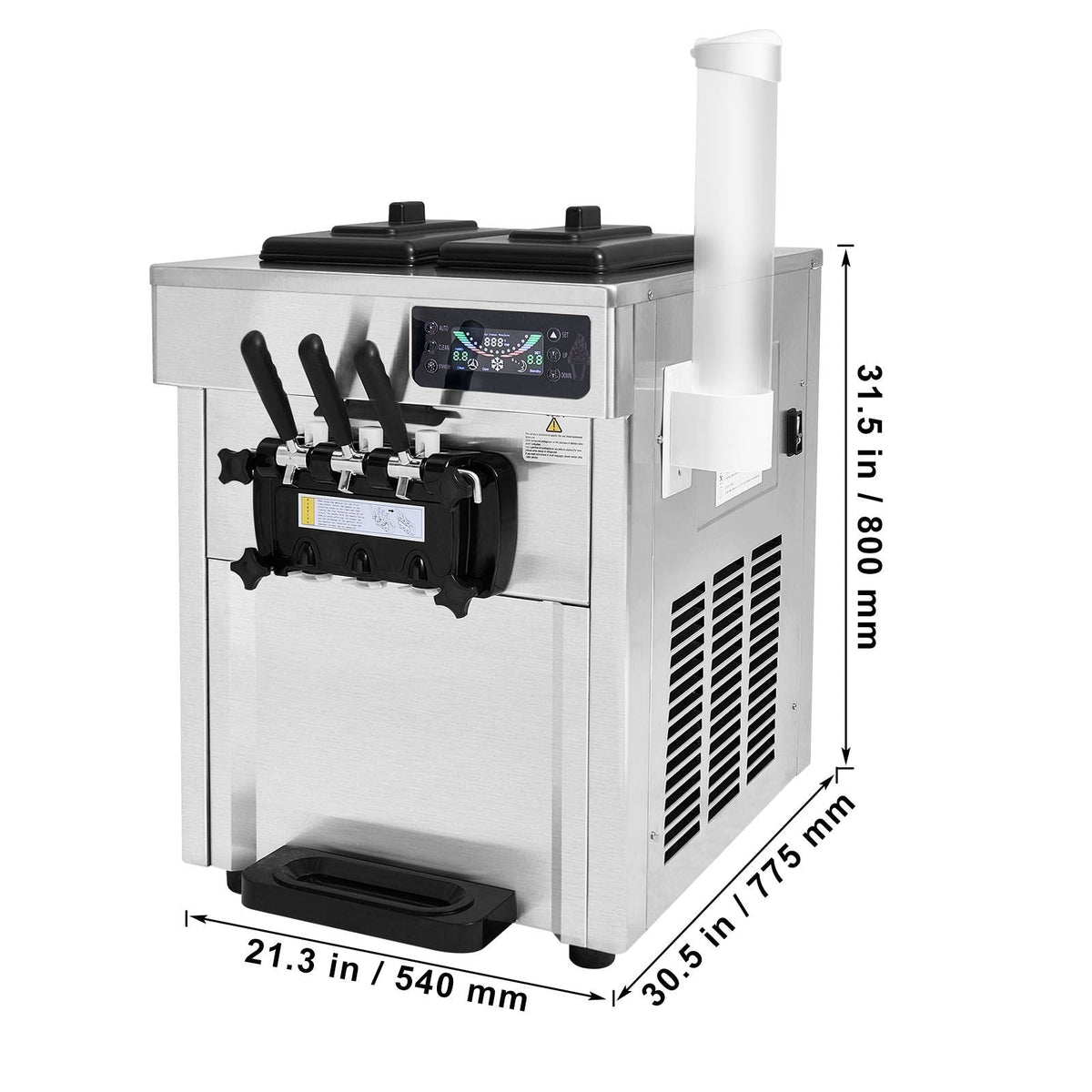Commercial Ice Cream Machine, 18-28 L/H Yield, 1850W 3-Flavor Countertop Soft Serve Ice Cream Maker, 2 x 5.5L Stainless Steel Cylinder, LED Panel Auto Clean Pre-cooling, for Restaurant Bars