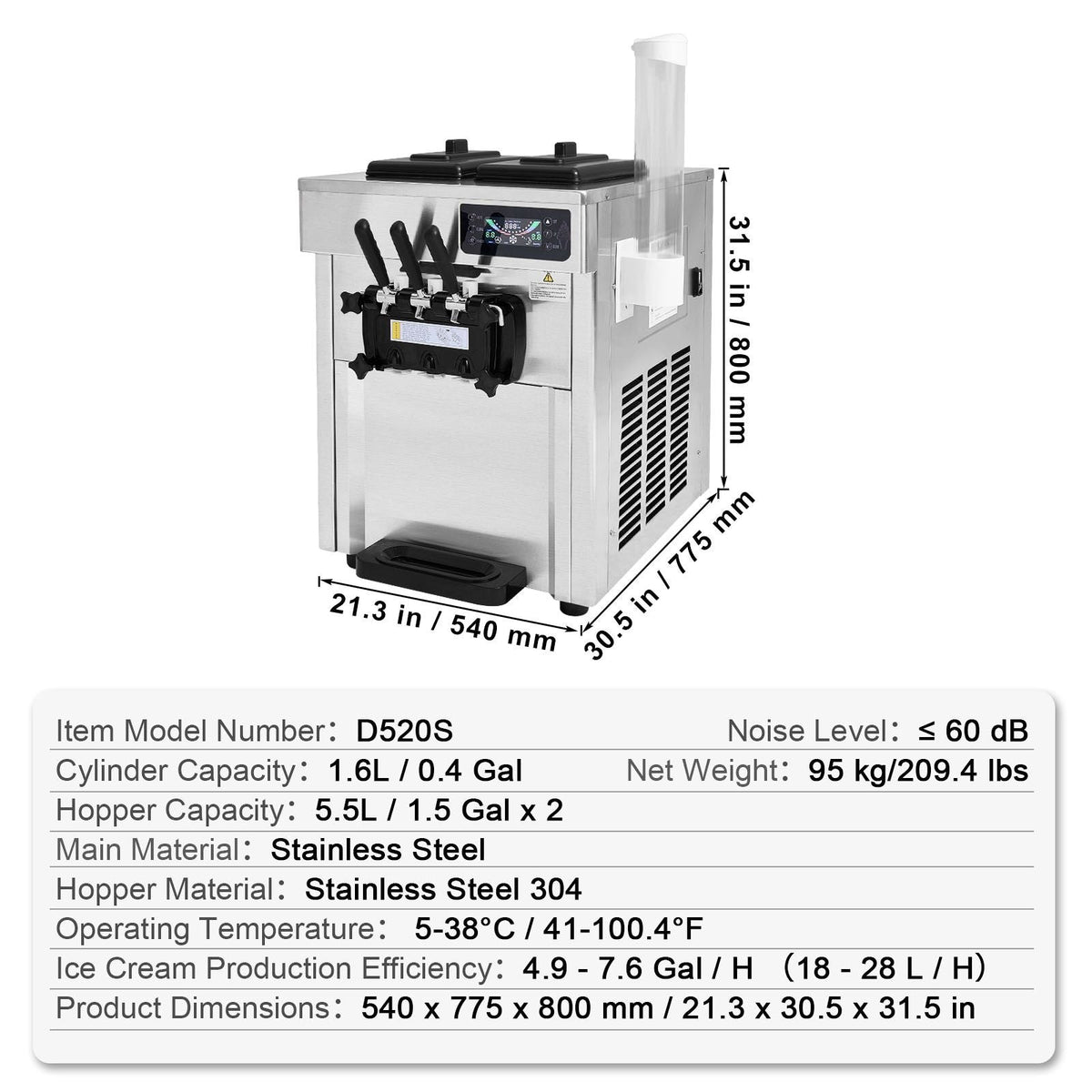 Commercial Ice Cream Machine, 18-28 L/H Yield, 1850W 3-Flavor Countertop Soft Serve Ice Cream Maker, 2 x 5.5L Stainless Steel Cylinder, LED Panel Auto Clean Pre-cooling, for Restaurant Bars