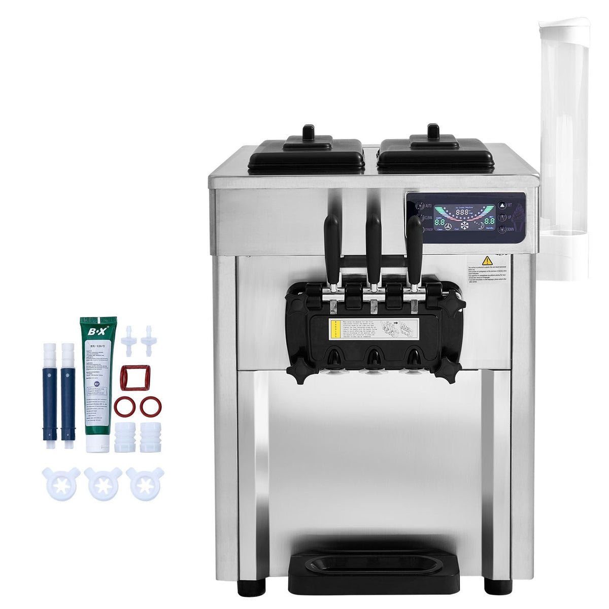 Commercial Ice Cream Machine, 18-28 L/H Yield, 1850W 3-Flavor Countertop Soft Serve Ice Cream Maker, 2 x 5.5L Stainless Steel Cylinder, LED Panel Auto Clean Pre-cooling, for Restaurant Bars
