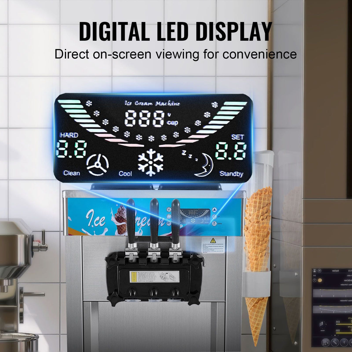 Commercial Ice Cream Machine, 21-31 L/H Yield, 1800W 3-Flavor Freestanding Soft Serve Ice Cream Maker, 2 x 5.5L Stainless Steel Cylinder, LED Panel Auto Clean Pre-cooling, for Restaurant Bars