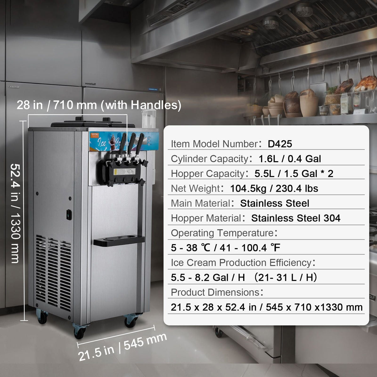 Commercial Ice Cream Machine, 21-31 L/H Yield, 1800W 3-Flavor Freestanding Soft Serve Ice Cream Maker, 2 x 5.5L Stainless Steel Cylinder, LED Panel Auto Clean Pre-cooling, for Restaurant Bars