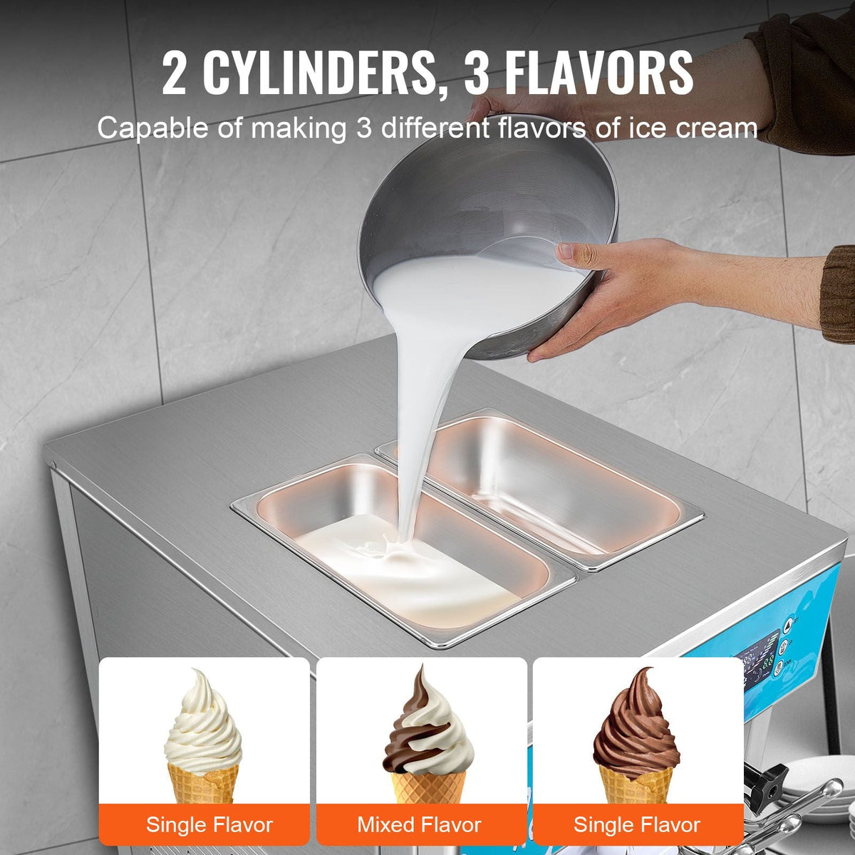 Commercial Ice Cream Machine, 21-31 L/H Yield, 1800W 3-Flavor Freestanding Soft Serve Ice Cream Maker, 2 x 5.5L Stainless Steel Cylinder, LED Panel Auto Clean Pre-cooling, for Restaurant Bars