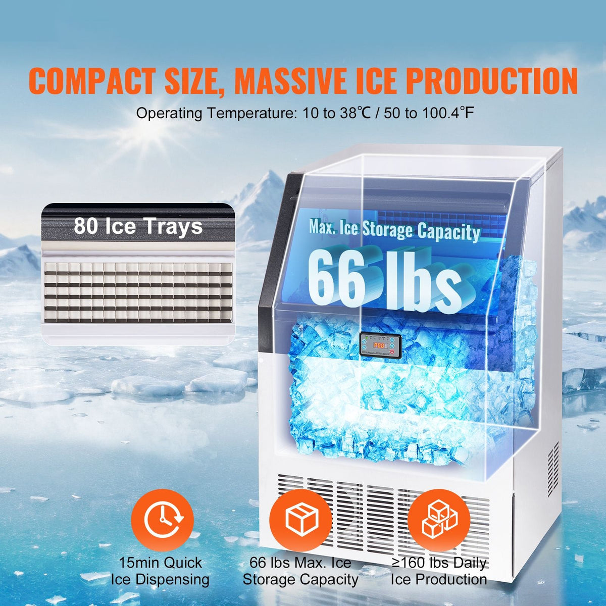 Commercial Ice Maker, 160lbs/24H, Ice Maker Machine, 80 Ice Cubes in 12-15 Minutes, Freestanding Cabinet Ice Maker with 66lbs Storage Capacity LED Digital Display, for Bar Home Office Restaurant