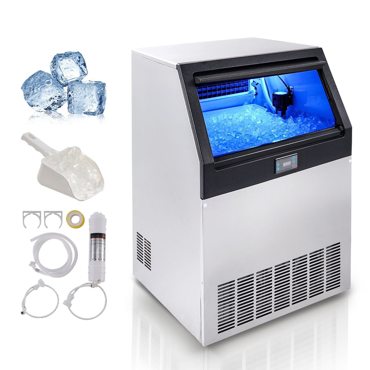 Commercial Ice Maker, 160lbs/24H, Ice Maker Machine, 80 Ice Cubes in 12-15 Minutes, Freestanding Cabinet Ice Maker with 66lbs Storage Capacity LED Digital Display, for Bar Home Office Restaurant
