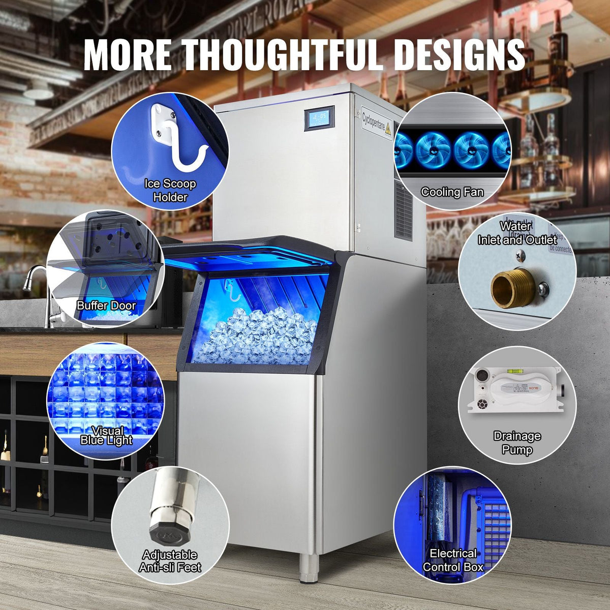 Commercial Ice Maker, 450LBS/24H Ice Making Machine with 330.7LBS Large Storage Bin, 1000W Auto Self-Cleaning Ice Maker Machine with 3.5-inch LED Panel for Bar Cafe Restaurant Business