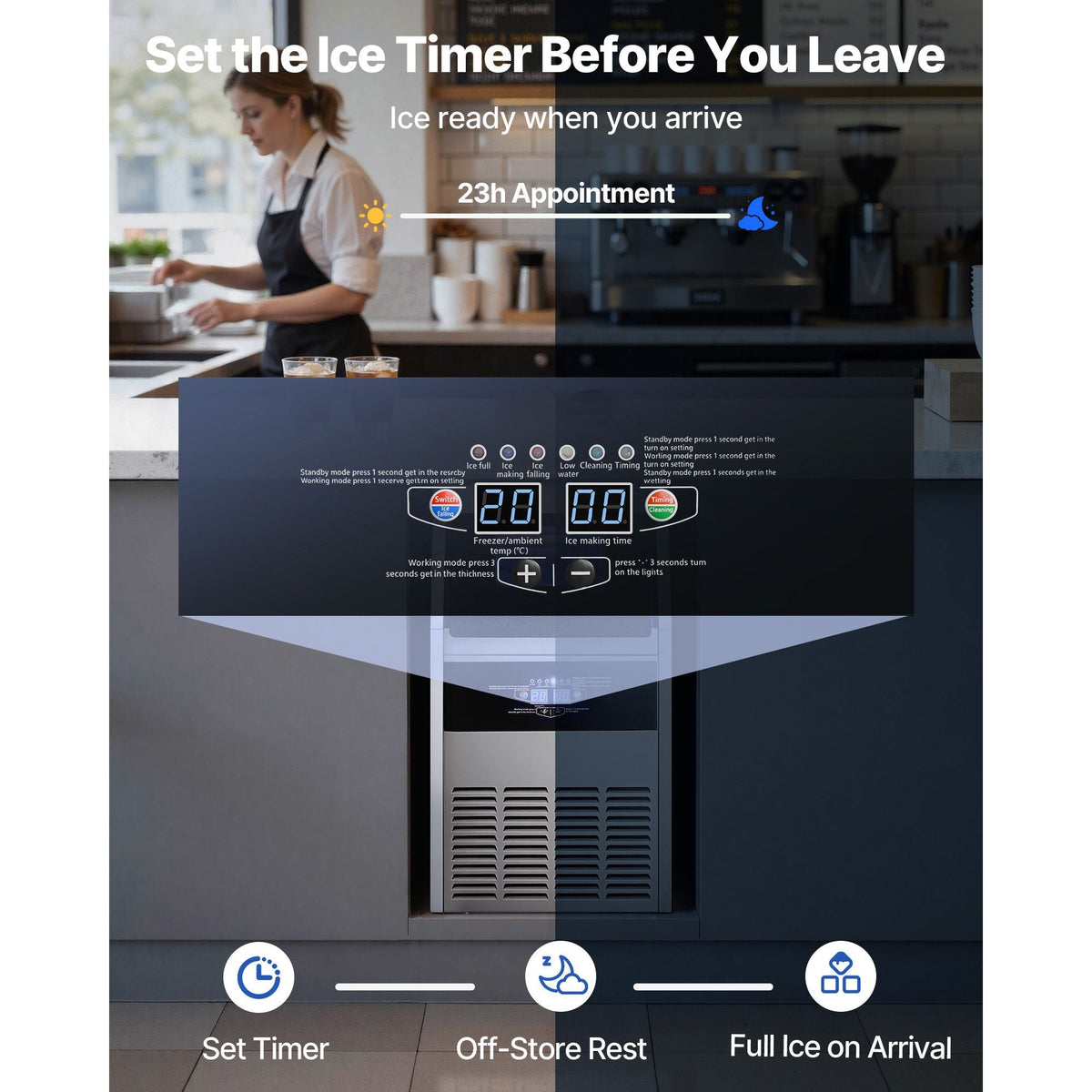 Commercial Ice Maker Machine, 150 lbs/24h with 30 lbs Storage Capacity, Built-in/Freestanding/Under Counter, Stainless Steel Ice Maker with LED Display & Self-Cleaning, for Home Bar Restaurant