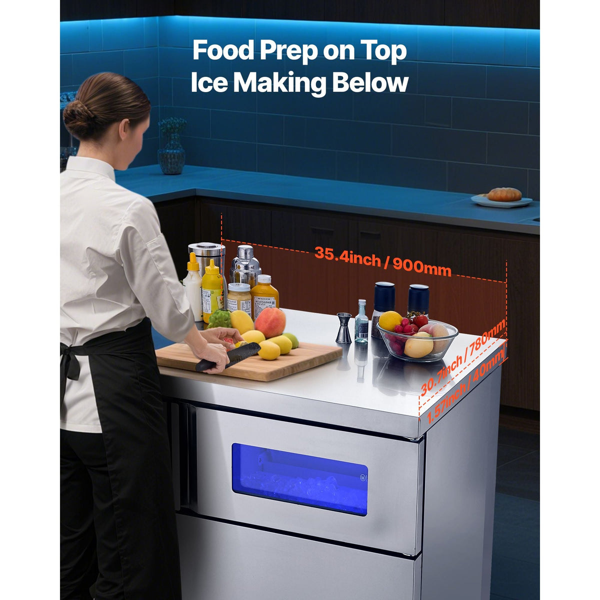 Commercial Ice Maker Machine, 265 lbs/24H Stainless Steel Ice Machine with Worktop, 66 lbs Storage & 126 Cubes/Cycle, Self-Cleaning Freestanding Ice-Making for Home Bar Office Restaurant Kitchen