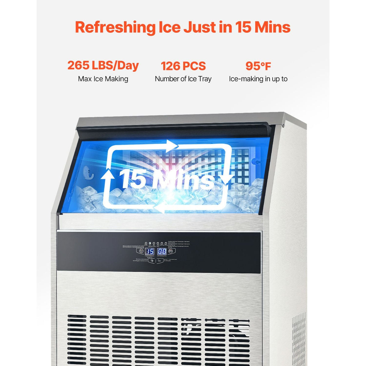 Commercial Ice Maker Machine, 265lbs/24H Ice Maker Machine with 88lbs Storage Capacity, 126 Ice Cubes in 15 Minutes, LED Digital Display Freestanding Self-Cleaning for Bar Office Restaurant
