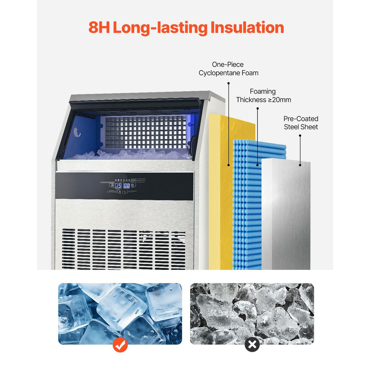 Commercial Ice Maker Machine, 265lbs/24H Ice Maker Machine with 88lbs Storage Capacity, 126 Ice Cubes in 15 Minutes, LED Digital Display Freestanding Self-Cleaning for Bar Office Restaurant