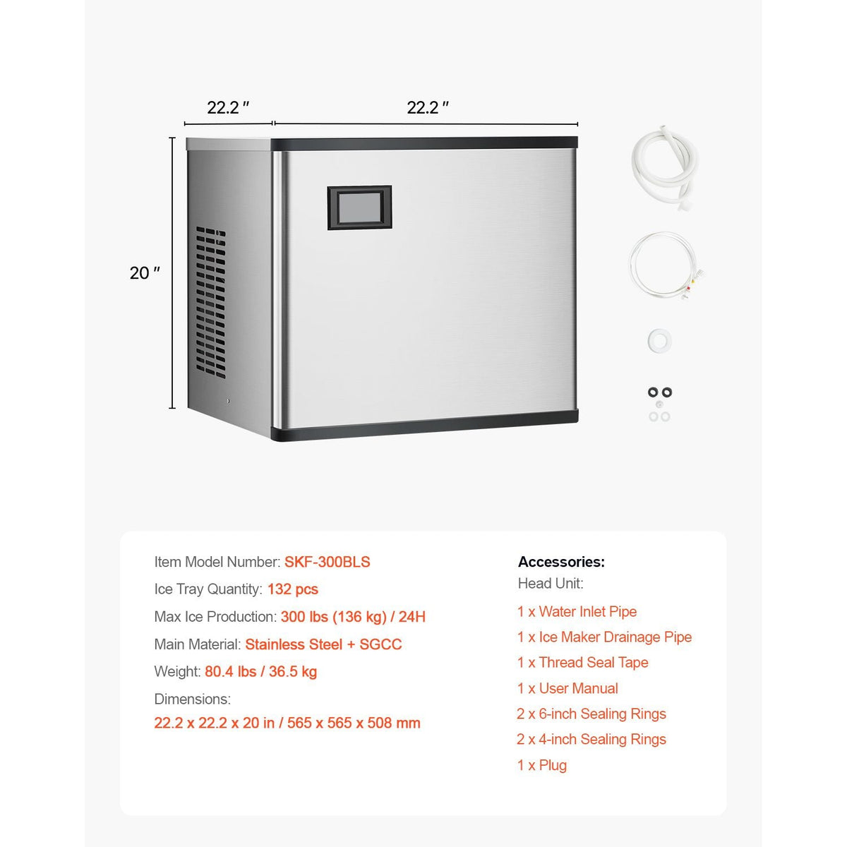 Commercial Ice Maker Machine 300 lbs/24 h, 20 Inch Stainless Steel Industrial Ice Machine, Self-Cleaning and Scheduled Ice Making, Modular Ice Cube Machine for Restaurant Hotel - Head Only