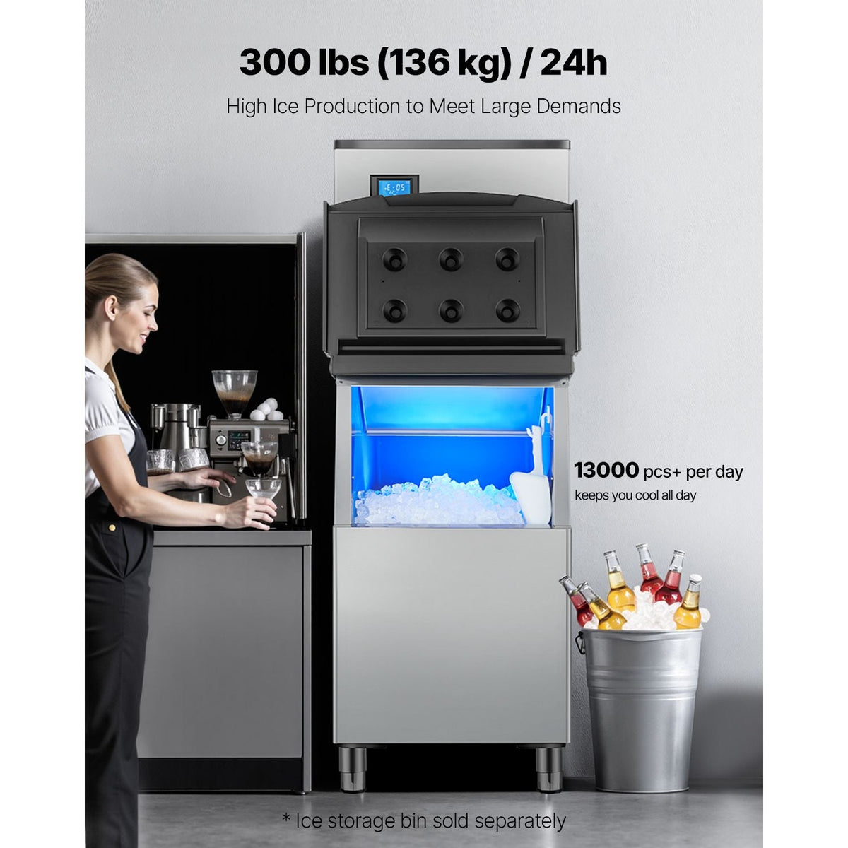 Commercial Ice Maker Machine 300 lbs/24 h, 20 Inch Stainless Steel Industrial Ice Machine, Self-Cleaning and Scheduled Ice Making, Modular Ice Cube Machine for Restaurant Hotel - Head Only