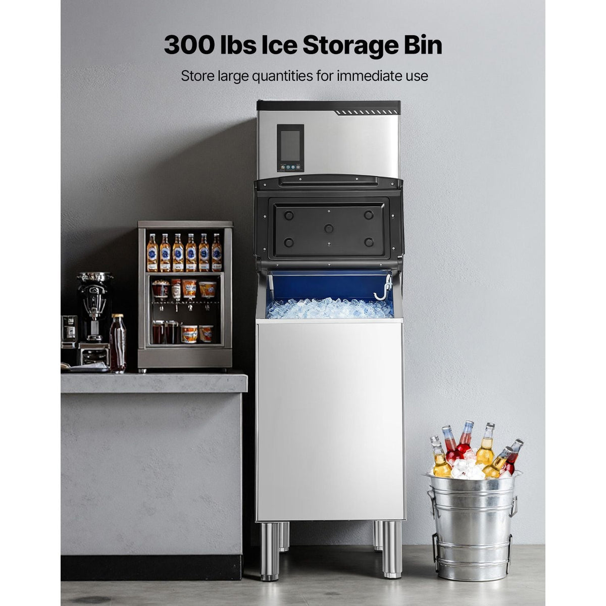 Commercial Ice Maker Machine, 300LBS/24H Ice-Making Machine with 300LBS Stainless Steel Storage Bin, Auto Self-Cleaning Ice Maker with Touchscreen for Bar Cafe Restaurant Business Commercial