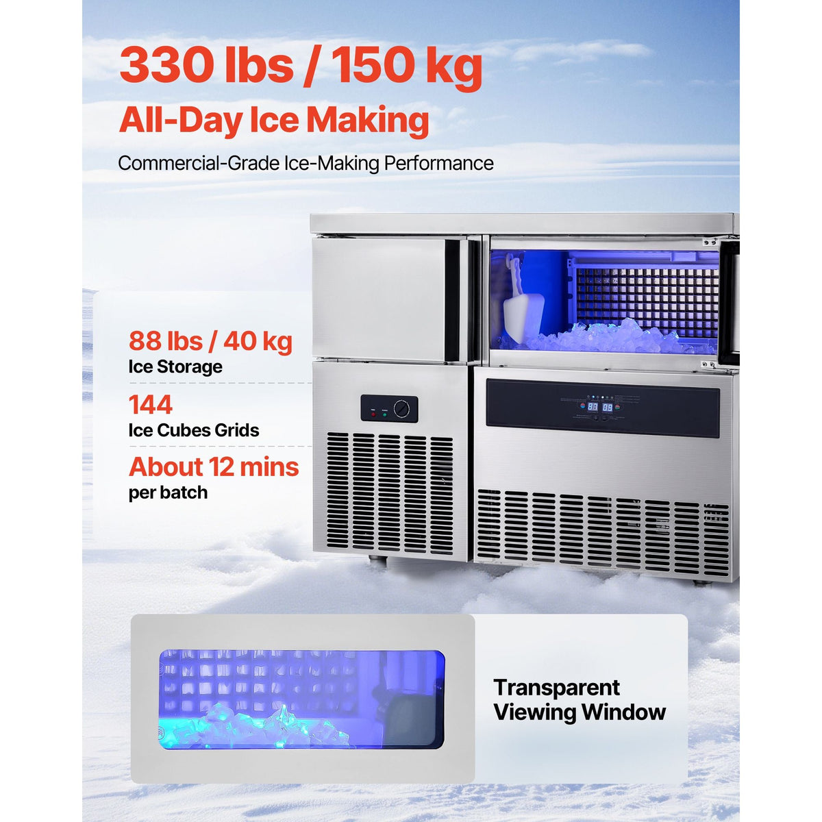 Commercial Ice Maker Machine, 330 lbs/24H Stainless Steel Ice Machine with Worktop, 88 lbs Storage & 144 Cubes/Cycle, Self-Cleaning Freestanding Ice-Making for Home Bar Office Restaurant Kitchen