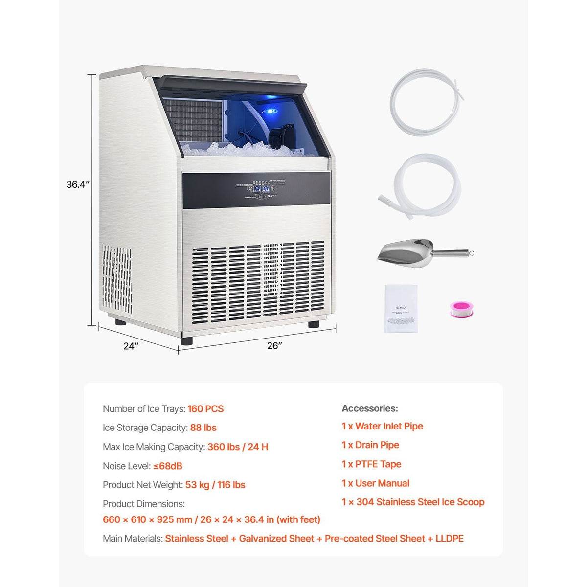 Commercial Ice Maker Machine, 360lbs/24H Ice Maker Machine with 88lbs Storage Capacity, 160 Ice Cubes in 15 Minutes, LED Digital Display Freestanding Self-Cleaning for Bar Office Restaurant