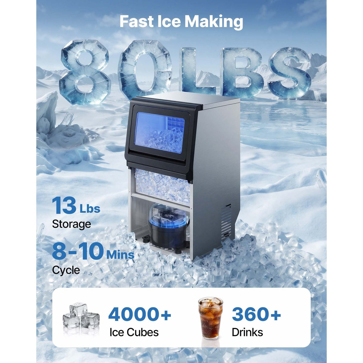 Commercial Ice Maker Machine, 80 lbs/24h with 13 lbs Storage Capacity, Countertop/Freestanding/Under Counter, Stainless Steel Ice Maker with LED Display & Self-Cleaning, for Home Bar Restaurant