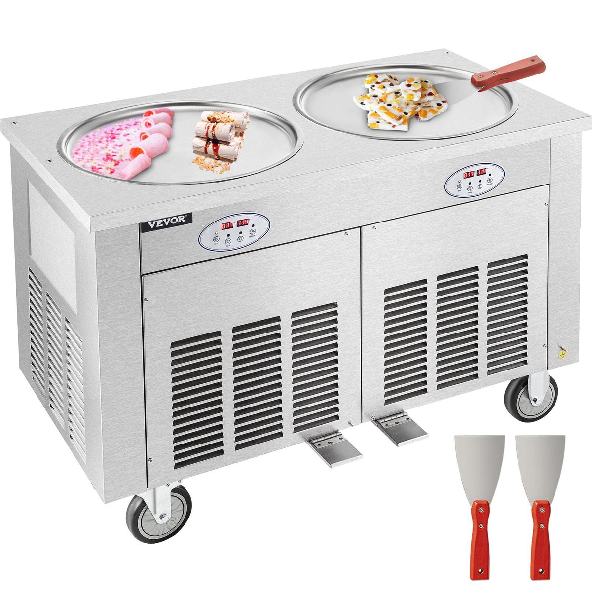 Commercial Ice Roll Maker, Two 17.7" Round Pans Stir-Fried Ice Roll Machine, 1800W Stainless Steel Ice Cream Roll Machine for Yogurt Cream Machine for Bars Cafés Dessert Shops