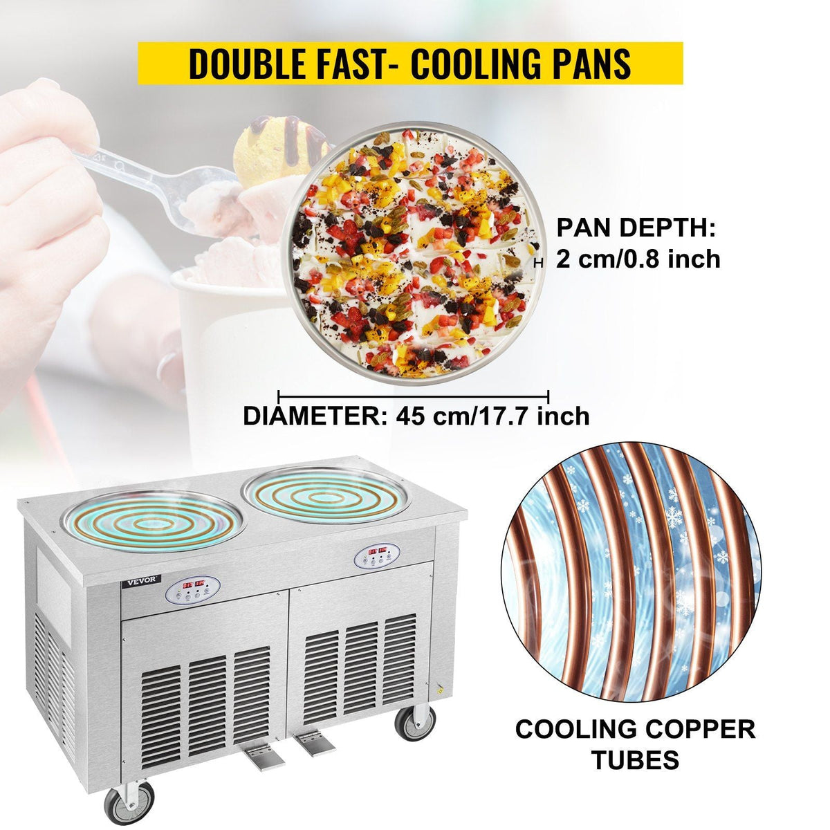 Commercial Ice Roll Maker, Two 17.7" Round Pans Stir-Fried Ice Roll Machine, 1800W Stainless Steel Ice Cream Roll Machine for Yogurt Cream Machine for Bars Cafés Dessert Shops