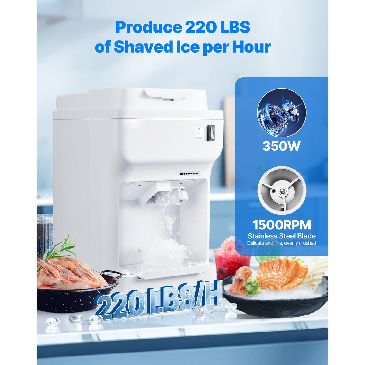 Commercial Ice Shaver Crusher, 220lbs Per Hour Electric Snow Cone Maker with 4L Ice Cube Box, 350W 1500RPM Tabletop Shaved Ice Machine for Parties Events Bar, Home and Commercial Use (White)