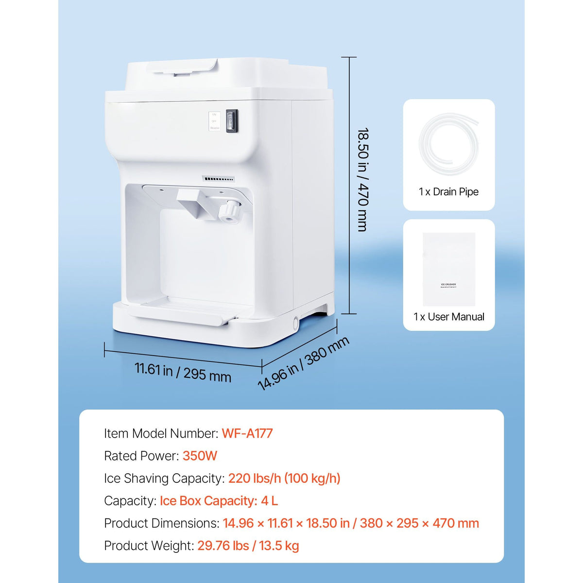 Commercial Ice Shaver Crusher, 220lbs Per Hour Electric Snow Cone Maker with 4L Ice Cube Box, 350W 1500RPM Tabletop Shaved Ice Machine for Parties Events Bar, Home and Commercial Use (White)