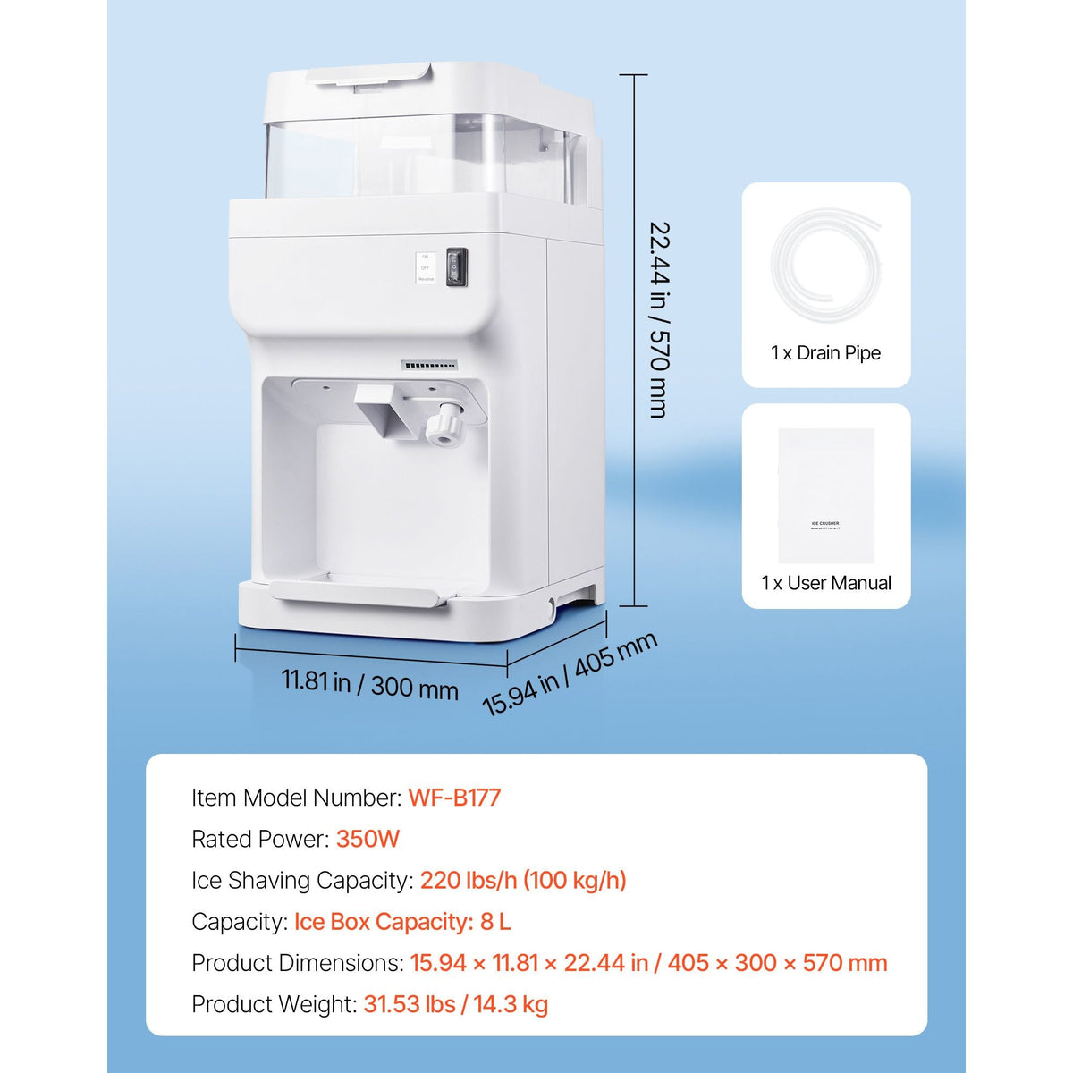 Commercial Ice Shaver Crusher, 220lbs Per Hour Electric Snow Cone Maker with 8L Ice Cube Box, 350W 1500RPM Tabletop Shaved Ice Machine for Parties Events Bar, Home and Commercial Use (White)