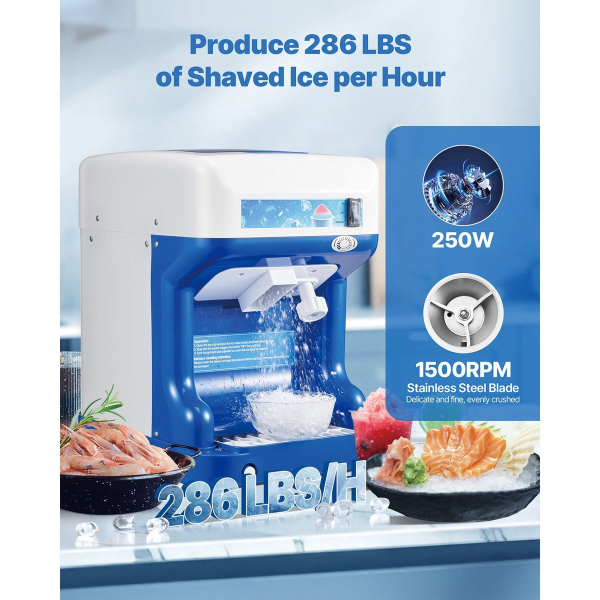Commercial Ice Shaver Crusher, 286lbs Per Hour Electric Snow Cone Maker with 2L Ice Cube Box, 250W 1500RPM Tabletop Shaved Ice Machine for Parties Home and Commercial Use (Blue)