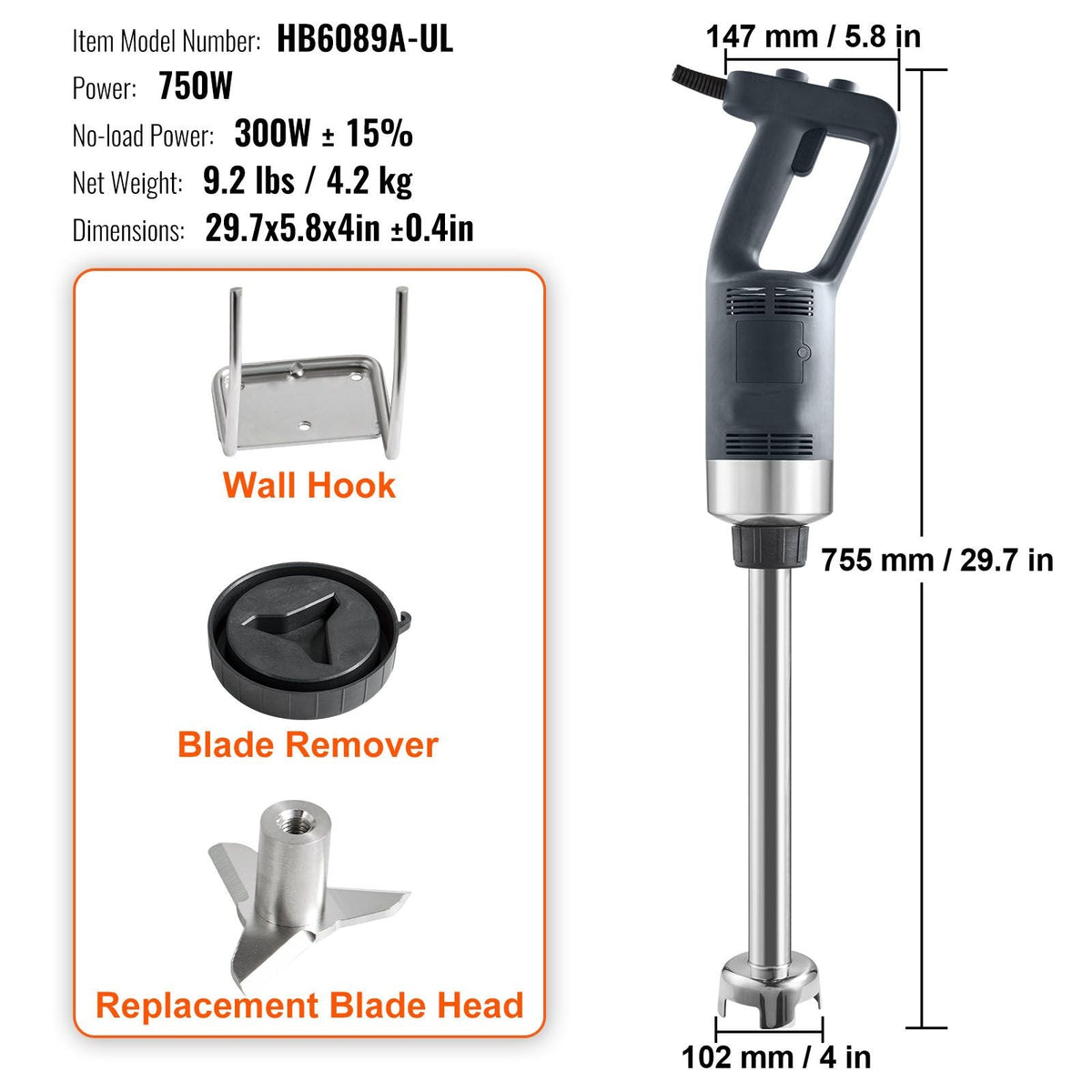 Commercial Immersion Blender, 750W 16" Heavy Duty Hand Mixer, Variable Speed Kitchen Stick Mixer with 304 Stainless Steel Blade, Multi-Purpose Portable Mixer for Soup, Smoothie, Puree, Baby Food