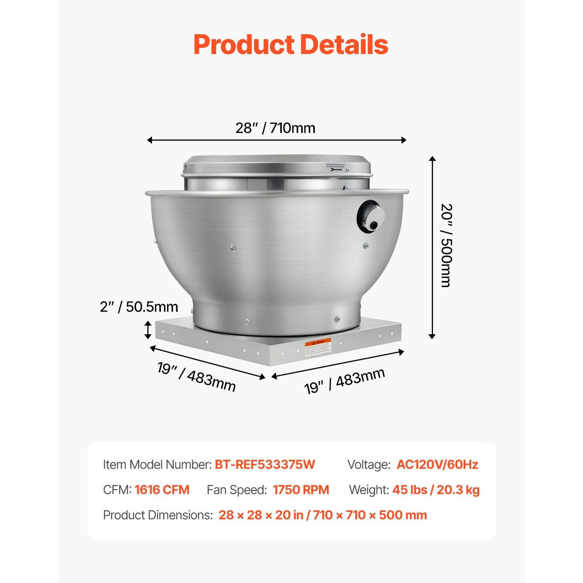Commercial Kitchen Exhaust Fan, 1616 CFM Restaurant Canopy Hood Exhaust Fan, 0.5HP 375W Direct Drive Food Truck Hood Vent, High Speed & Low Noise, for Warehouse, Agriculture