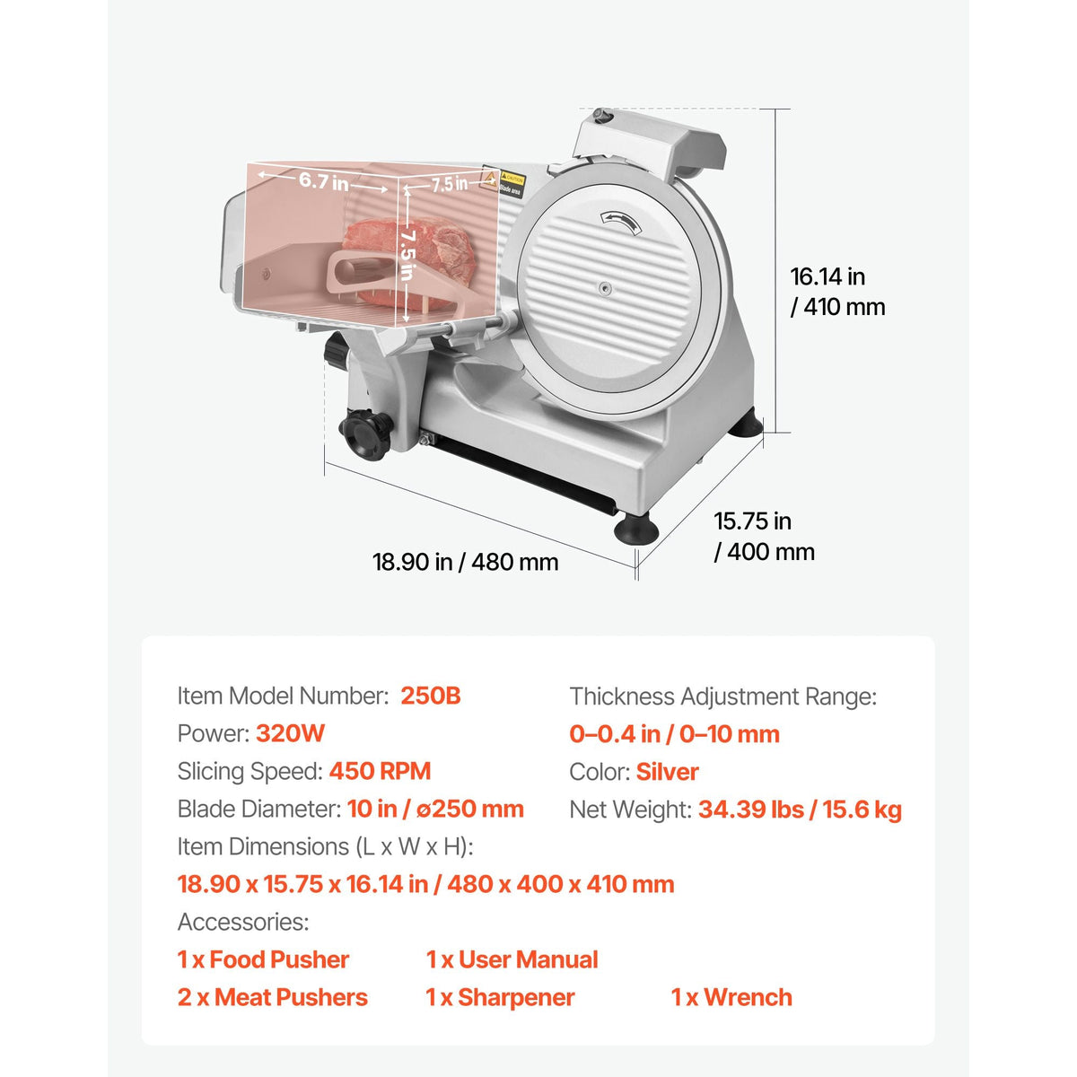 Commercial Meat Slicer, 10 inch Electric Deli Slicer Machine, 320W Food-Slicer with SUS420 Blade, 0-0.4 inch Adjustable Thickness, for Frozen Meat, Ham, Baguett, Steak