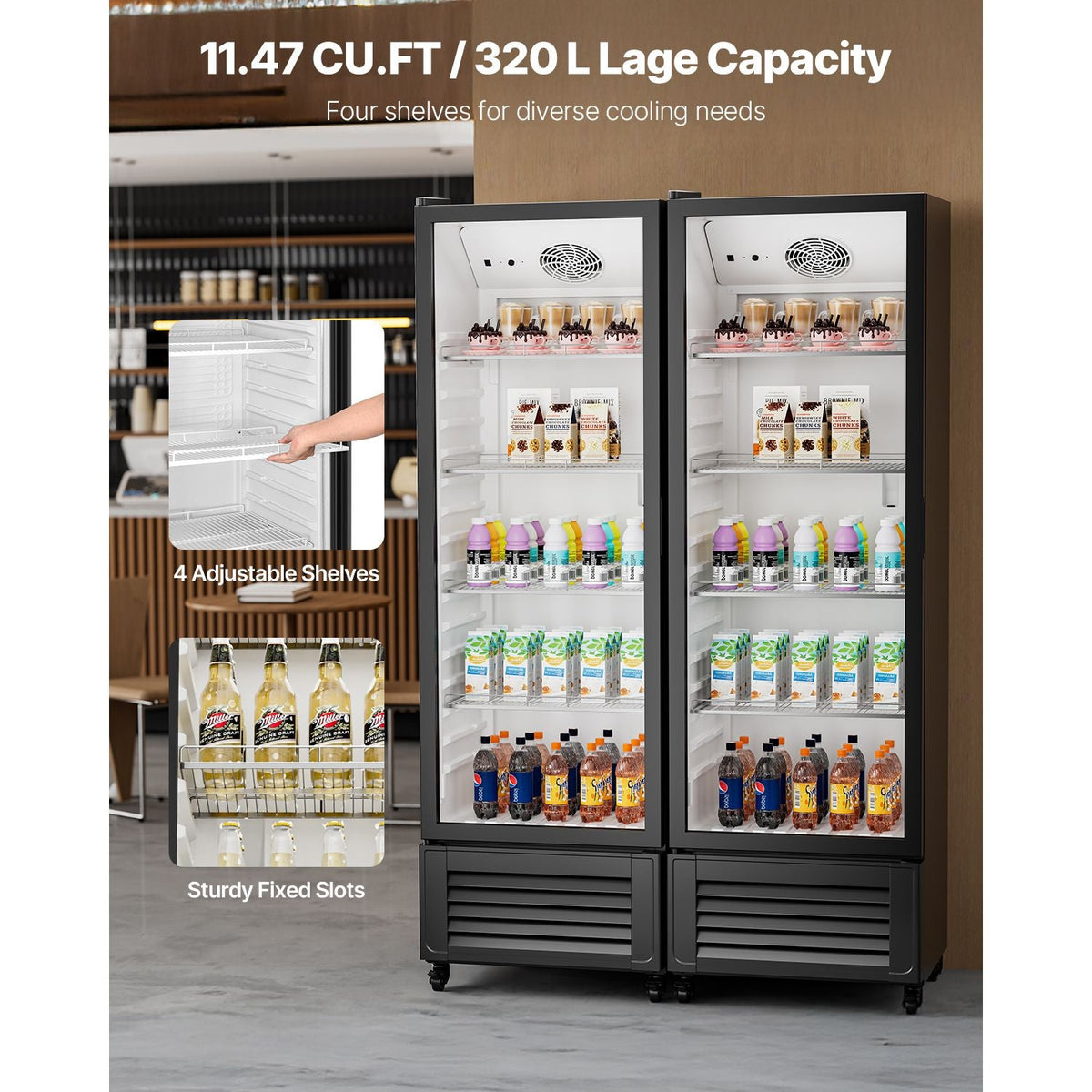 Commercial Merchandiser Refrigerator, 11.47 CU.FT Glass Door Display Refrigerator, Upright Beverage Refrigerator Cooler Merchandiser with 4 Adjustable Shelves, Casters, Soft LED Light, Black