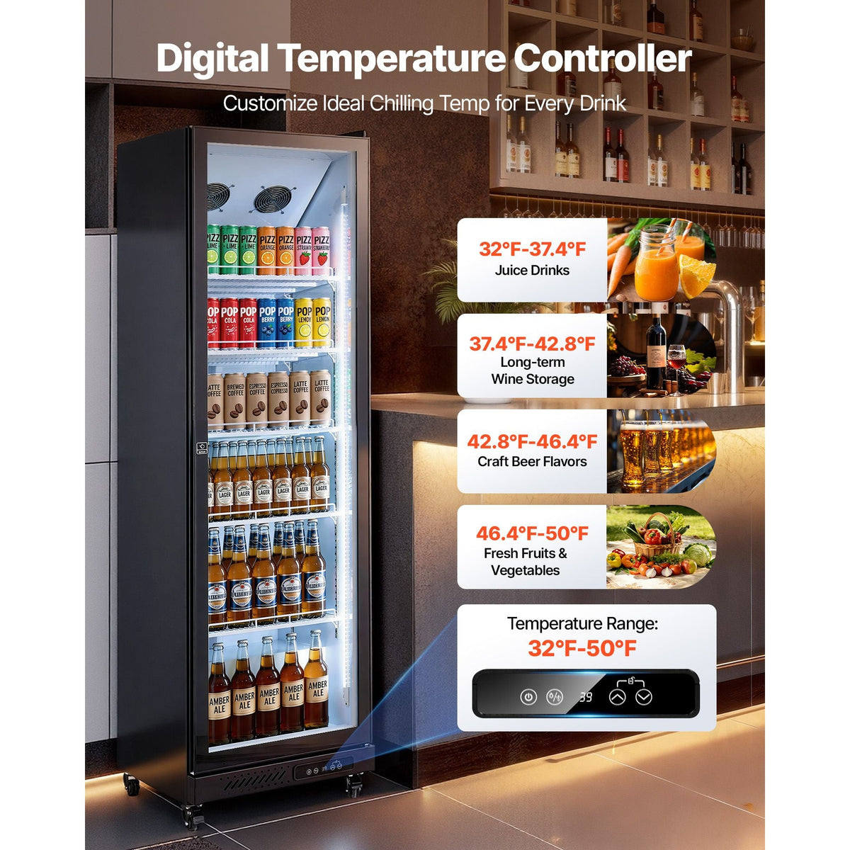Commercial Merchandiser Refrigerator, 12.4 Cu.Ft / 350 L Glass Door Display Refrigerator, Upright Beverage Cooler Fridge with 5 Adjustable Shelves, Soft LED Light & Casters for Homes Shops Bars