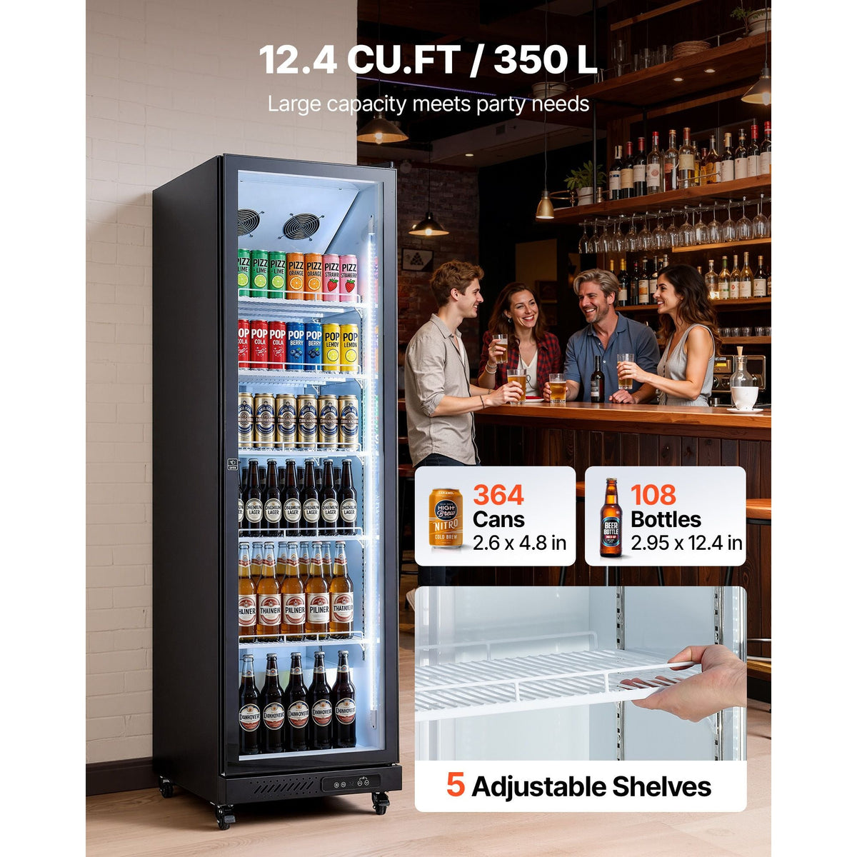 Commercial Merchandiser Refrigerator, 12.4 Cu.Ft / 350 L Glass Door Display Refrigerator, Upright Beverage Cooler Fridge with 5 Adjustable Shelves, Soft LED Light & Casters for Homes Shops Bars