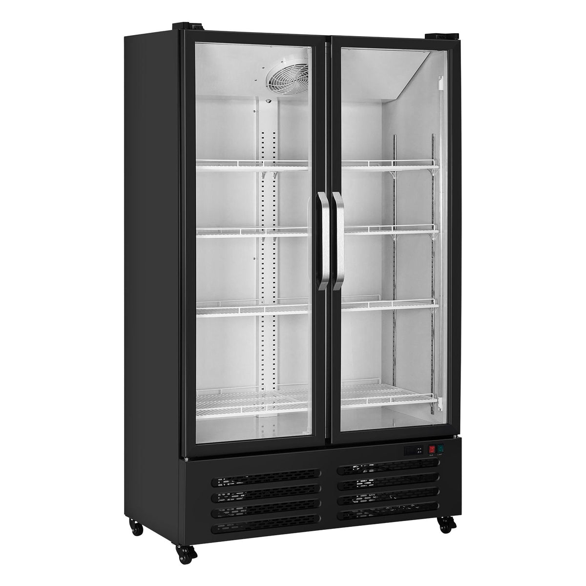 Commercial Merchandiser Refrigerator, 26.69 CU.FT Double Glass Door Display Refrigerator, Beverage Refrigerator Cooler Merchandiser with 8 Adjustable Shelves, Casters, Soft LED Light, Black