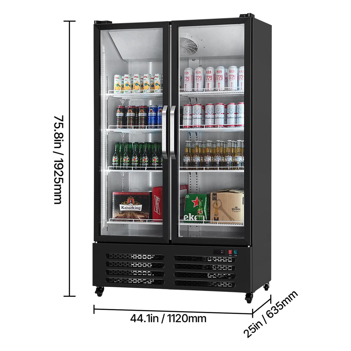 Commercial Merchandiser Refrigerator, 26.69 CU.FT Double Glass Door Display Refrigerator, Beverage Refrigerator Cooler Merchandiser with 8 Adjustable Shelves, Casters, Soft LED Light, Black
