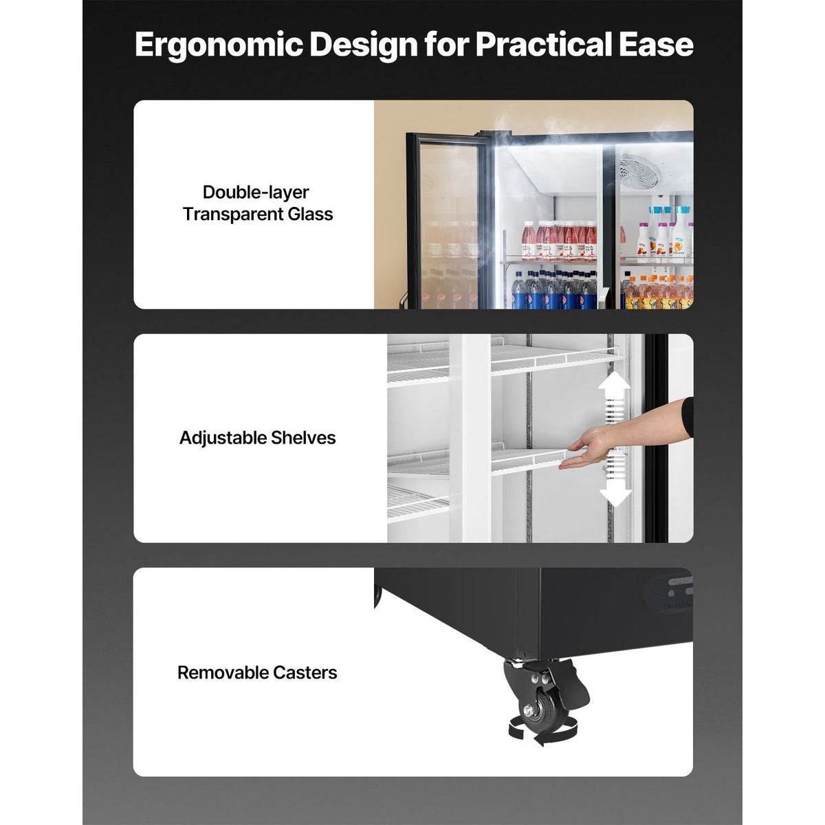 Commercial Merchandiser Refrigerator, 26.69 CU.FT Double Glass Door Display Refrigerator, Beverage Refrigerator Cooler Merchandiser with 8 Adjustable Shelves, Casters, Soft LED Light, Black