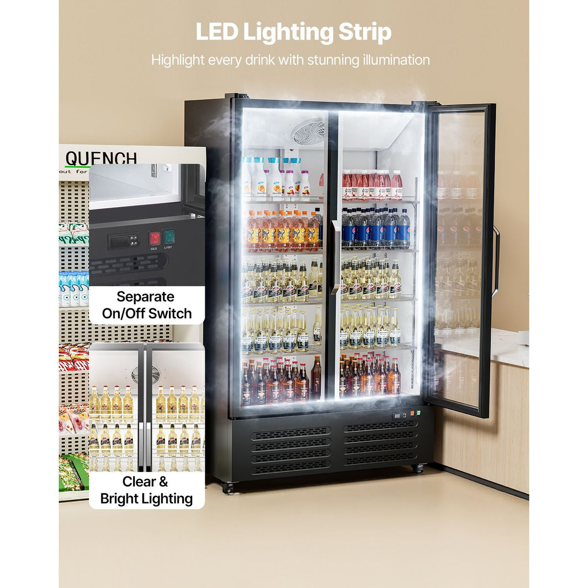 Commercial Merchandiser Refrigerator, 26.69 CU.FT Double Glass Door Display Refrigerator, Beverage Refrigerator Cooler Merchandiser with 8 Adjustable Shelves, Casters, Soft LED Light, Black