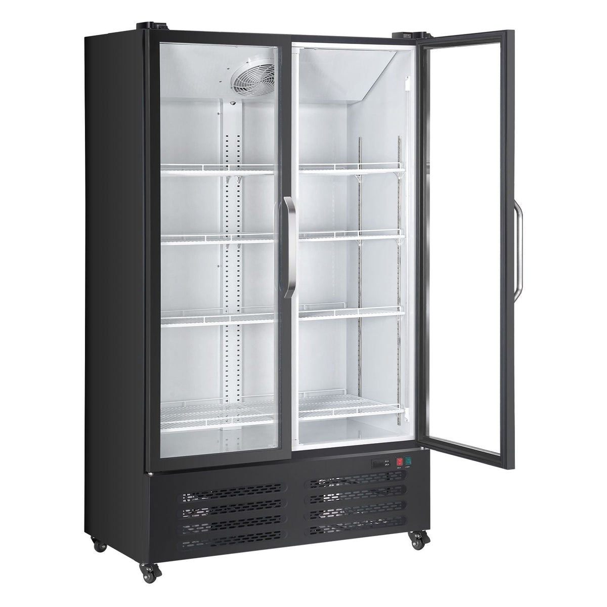 Commercial Merchandiser Refrigerator, 26.69 CU.FT Double Glass Door Display Refrigerator, Beverage Refrigerator Cooler Merchandiser with 8 Adjustable Shelves, Casters, Soft LED Light, Black