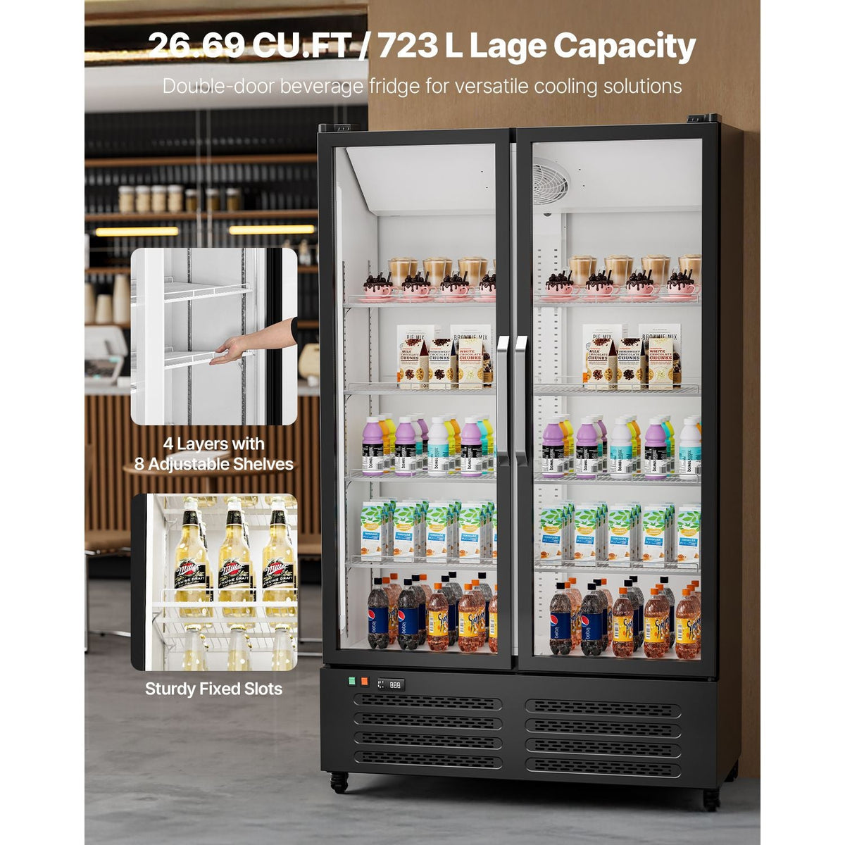 Commercial Merchandiser Refrigerator, 26.69 CU.FT Double Glass Door Display Refrigerator, Beverage Refrigerator Cooler Merchandiser with 8 Adjustable Shelves, Casters, Soft LED Light, Black