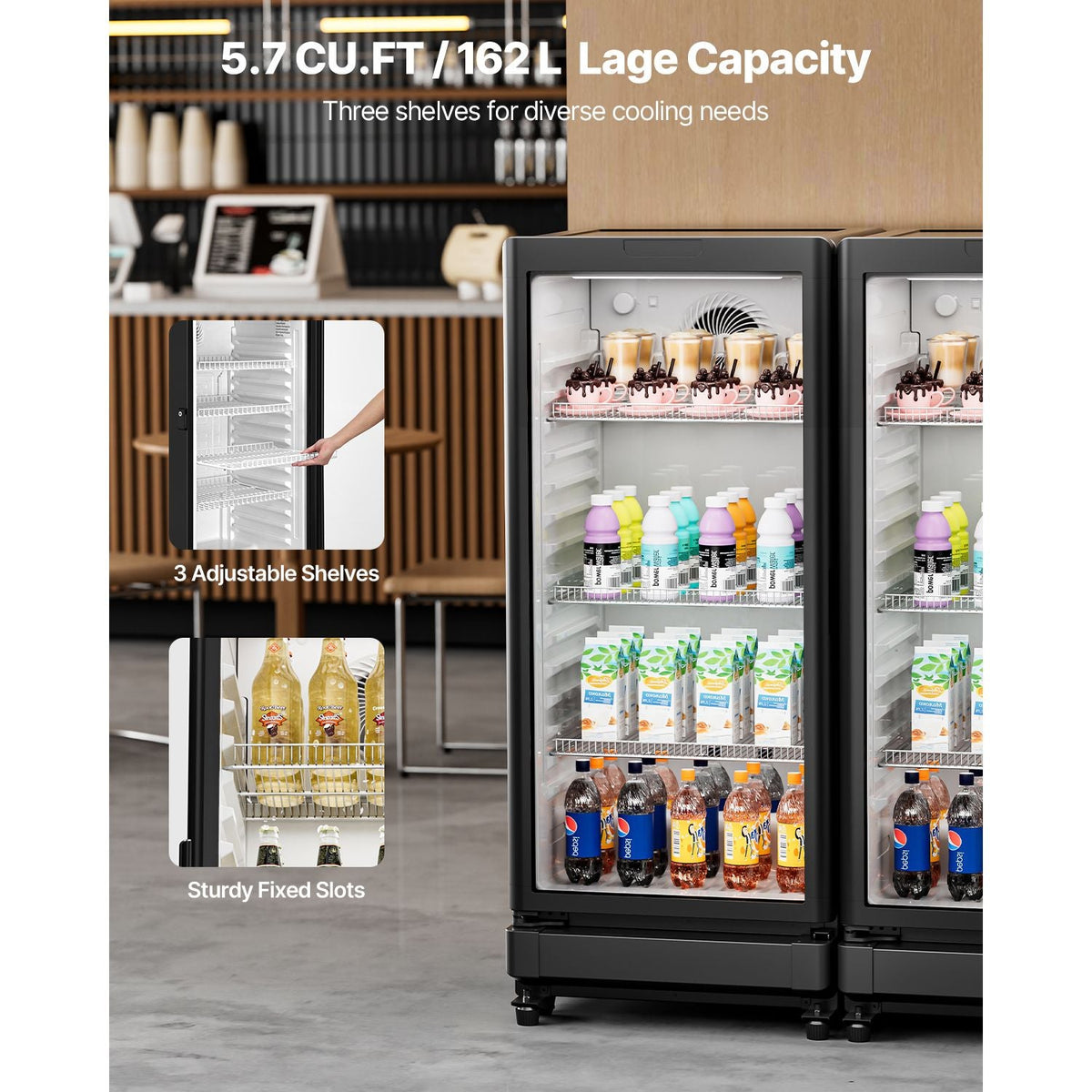 Commercial Merchandiser Refrigerator, 5.7 CU.FT Glass Door Display Refrigerator Upright Fridge, Beverage Refrigerator Cooler Merchandiser with 3 Adjustable Shelves and Soft LED Light, Black