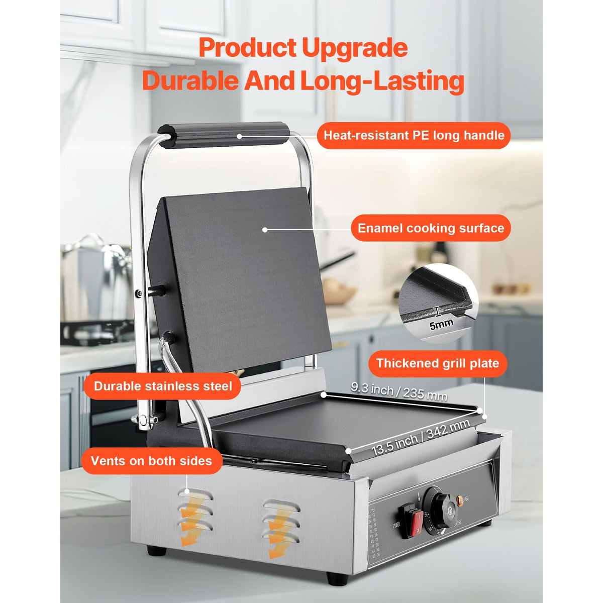 Commercial Panini Grill, 1800W Electric Sandwich Panini Maker, Stainless Steel Sandwichs Press Grill with Handle and Temp Control, 13.5x9.3 in Full Flat Enamel Plate, for Hamburger Steak Bacon
