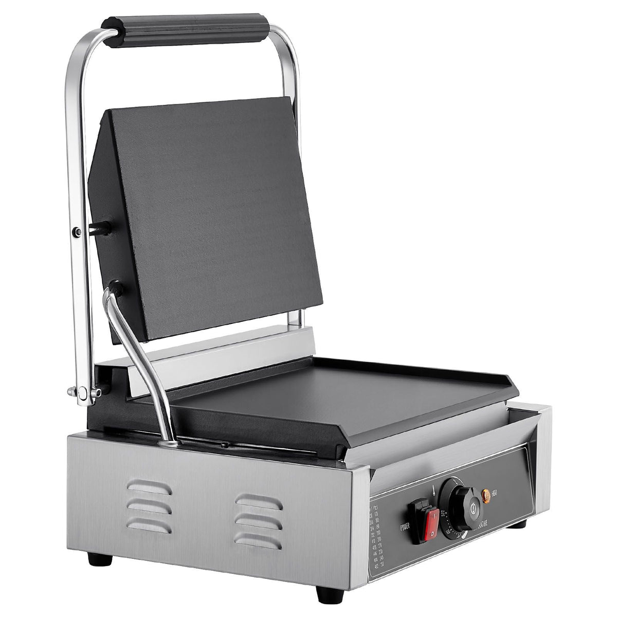 Commercial Panini Grill, 1800W Electric Sandwich Panini Maker, Stainless Steel Sandwichs Press Grill with Handle and Temp Control, 13.5x9.3 in Full Flat Enamel Plate, for Hamburger Steak Bacon