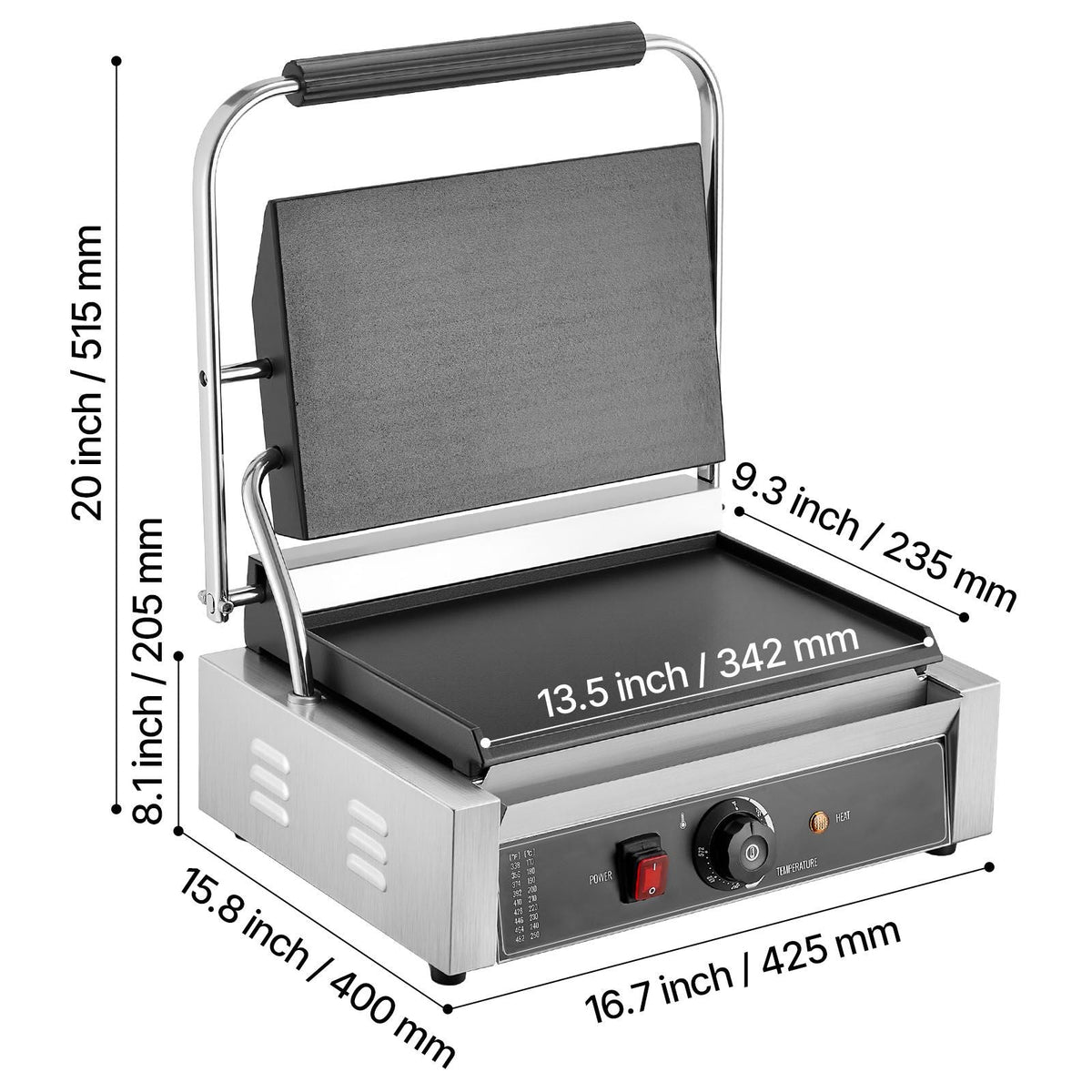 Commercial Panini Grill, 1800W Electric Sandwich Panini Maker, Stainless Steel Sandwichs Press Grill with Handle and Temp Control, 13.5x9.3 in Full Flat Enamel Plate, for Hamburger Steak Bacon