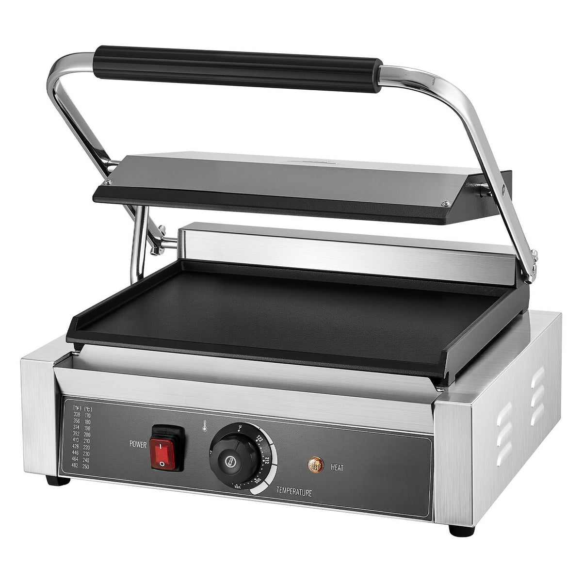Commercial Panini Grill, 1800W Electric Sandwich Panini Maker, Stainless Steel Sandwichs Press Grill with Handle and Temp Control, 13.5x9.3 in Full Flat Enamel Plate, for Hamburger Steak Bacon