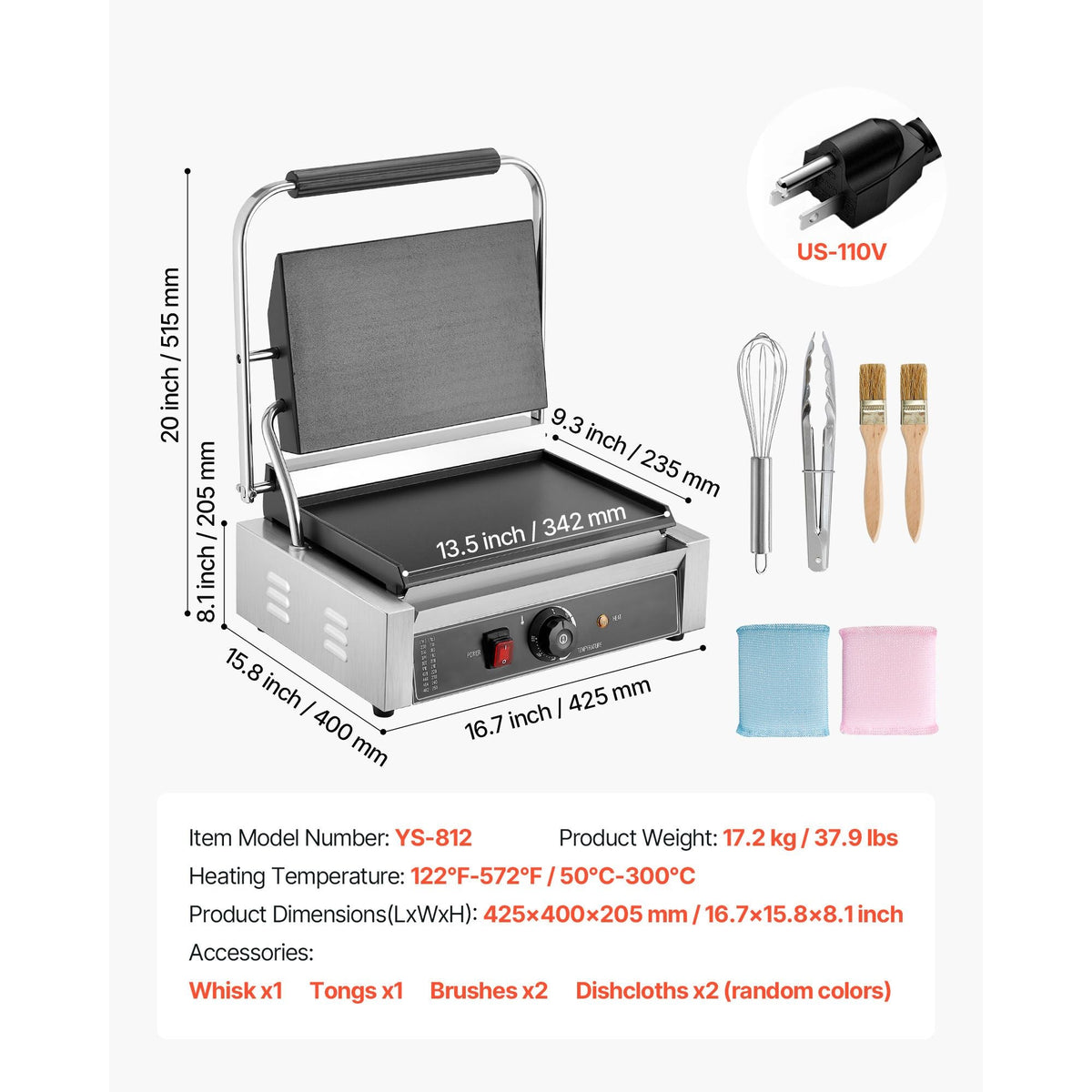 Commercial Panini Grill, 1800W Electric Sandwich Panini Maker, Stainless Steel Sandwichs Press Grill with Handle and Temp Control, 13.5x9.3 in Full Flat Enamel Plate, for Hamburger Steak Bacon