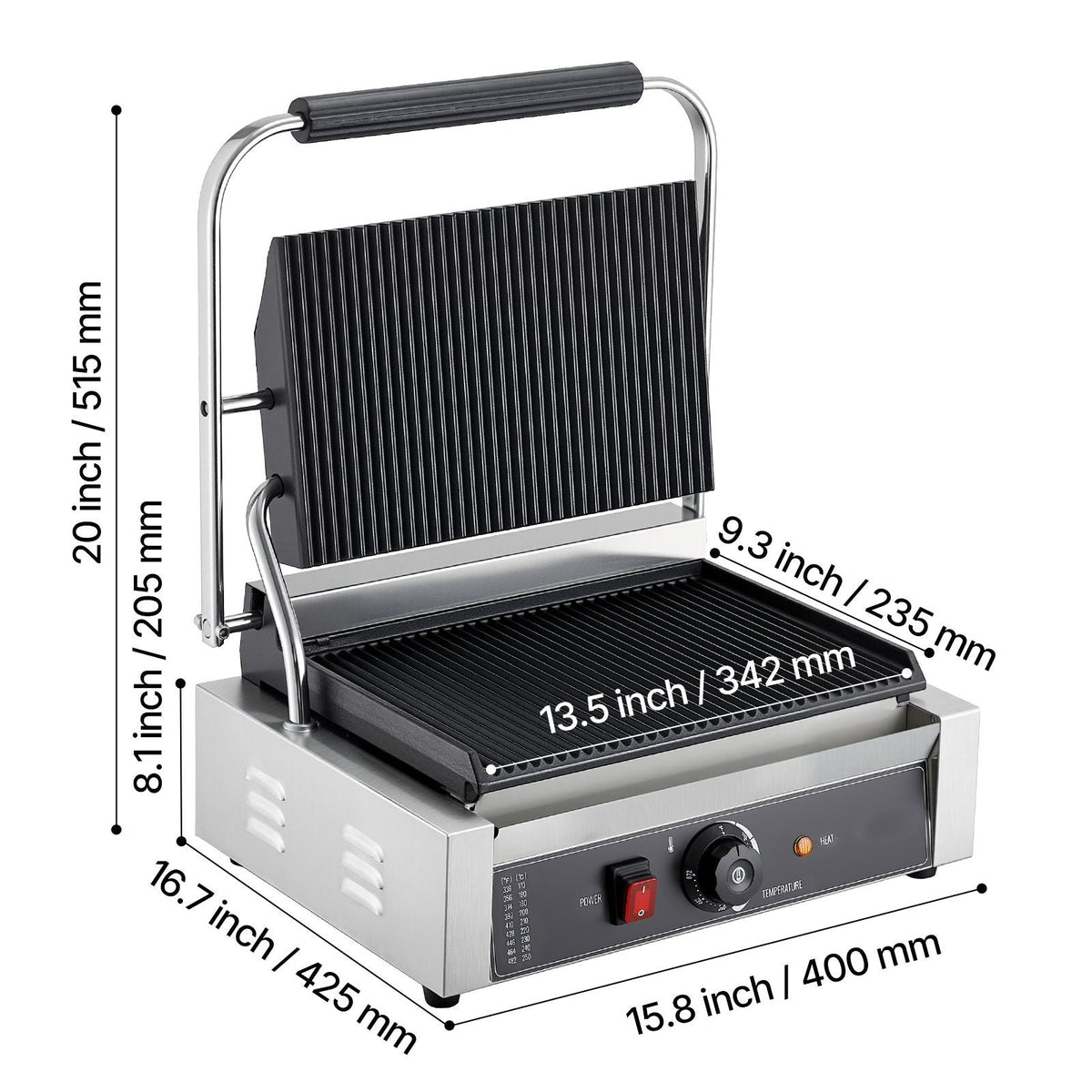 Commercial Panini Grill, 1800W Electric Sandwich Panini Maker, Stainless Steel Sandwichs Press with Handle and Temp Control, 13.5x9.3 in Full Grooved Enamel Plate, for Hamburger Steak Bacon